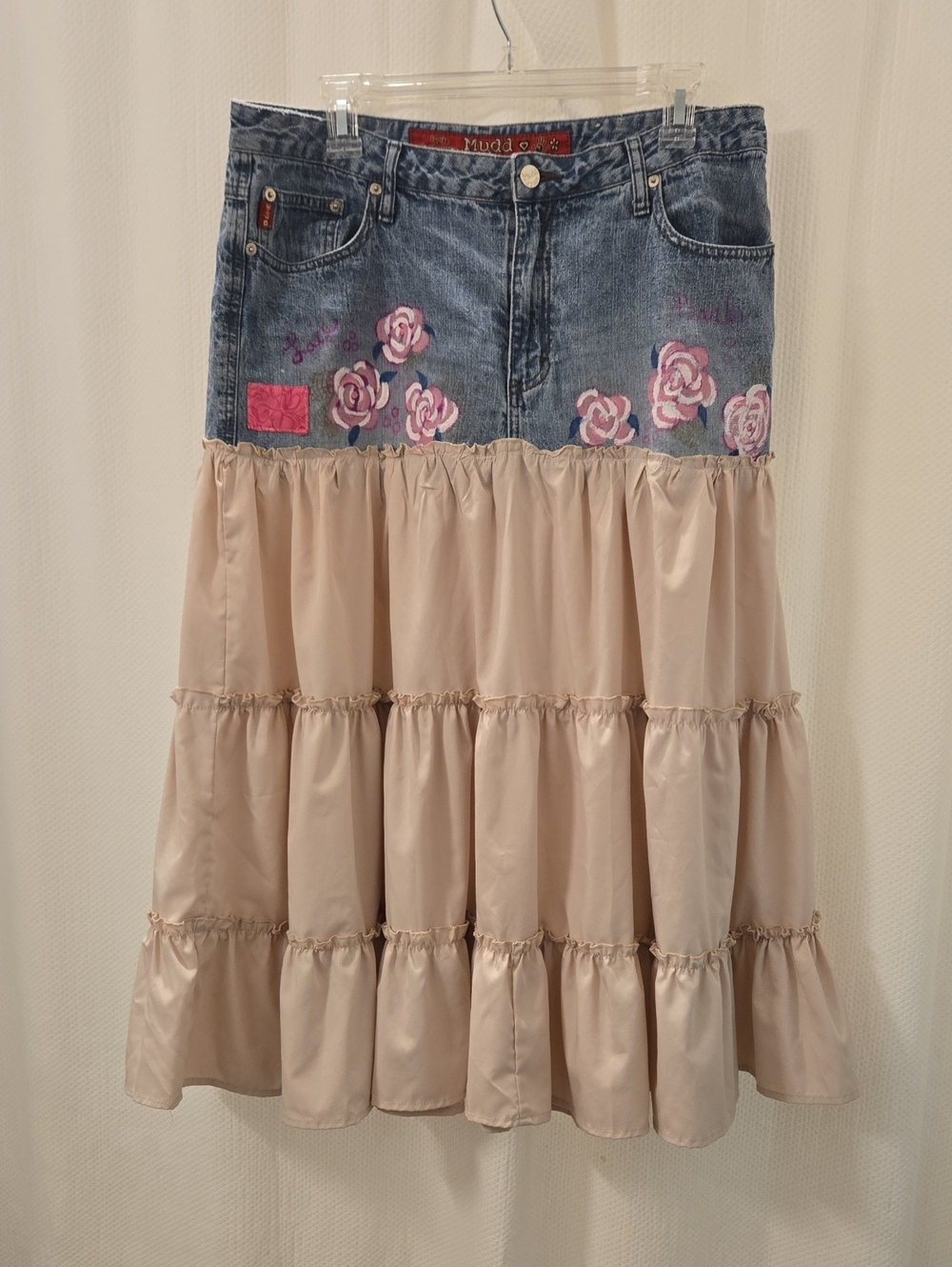 Mudd Denim Upcycle with Pink Floral and Blush Tiered Maxi Skirt